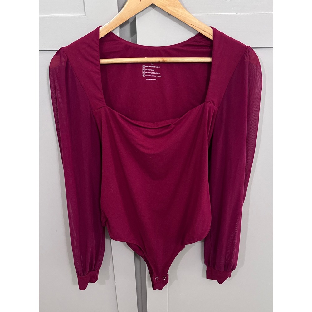 PinkmStyle Wine Red Mesh Long Sleeve Square Neck Bodysuit Size L